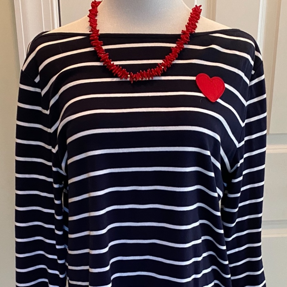 Talbots 2X Navy and White Striped Boatneck Top with Red Heart Accent